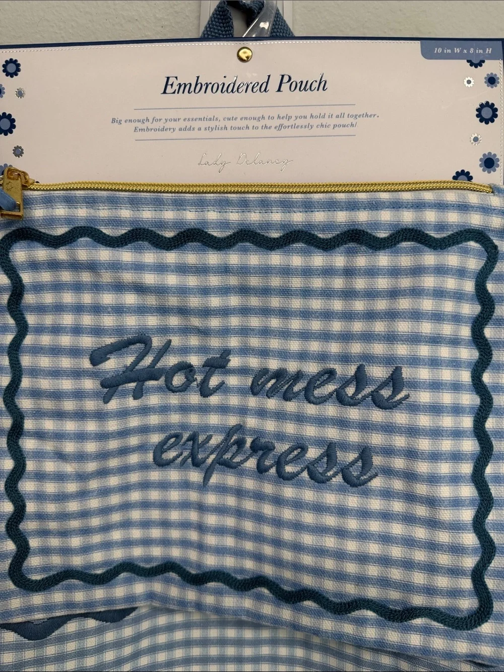 Lady Delaney | Blue Gingham Embroidered 'Hot Mess Express' Tote Bag Set - Picture 12 of 14